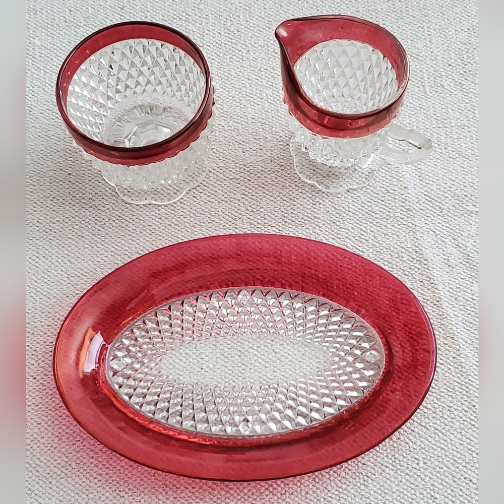 Indiana Glass Company, Vintage Cranberry Flash Diamond Point Glass 3 Pc Set